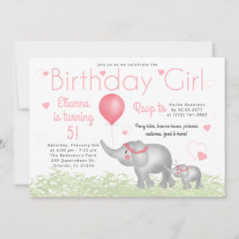 Invitación Elefantes acuarelas y Chica de cumpleaños de coraz