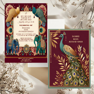 Invitación Elefantes Afortunados Pluma de Pavo Real Ornate In