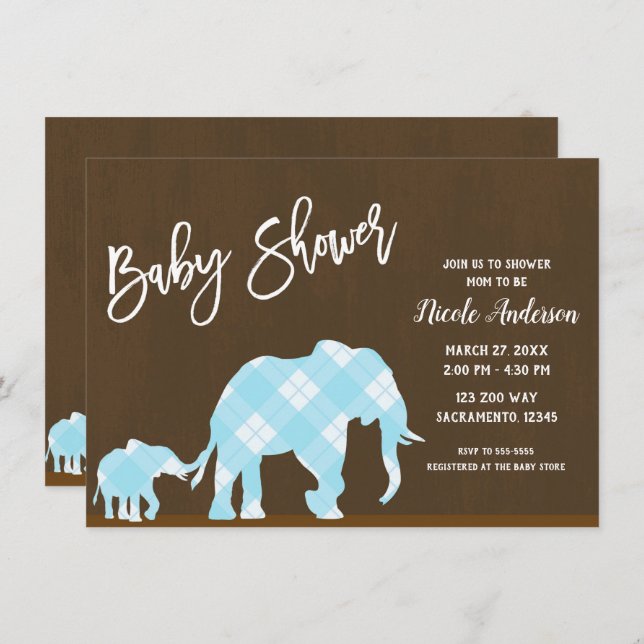 Invitación Elefantes Azules Brown Moderno Baby Shower (Anverso / Reverso)