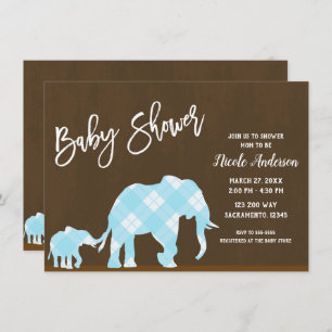 Invitación Elefantes Azules Brown Moderno Baby Shower