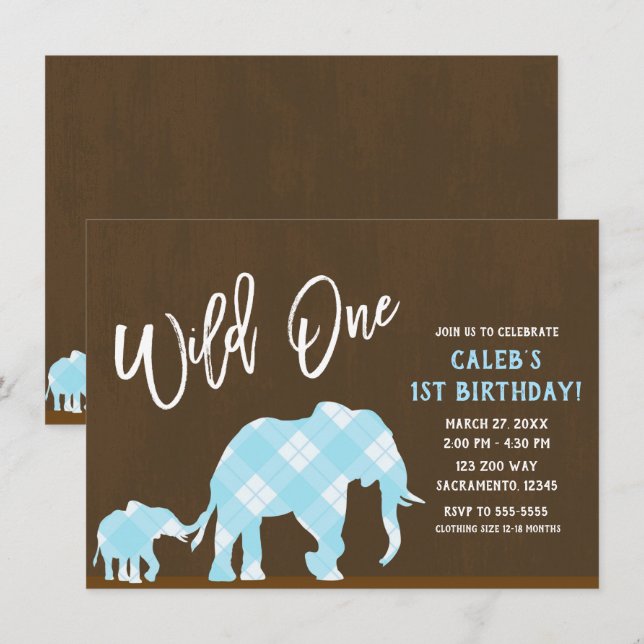 Invitación Elefantes Azules Marrón Moderno WILD ONE Cumpleaño (Anverso / Reverso)