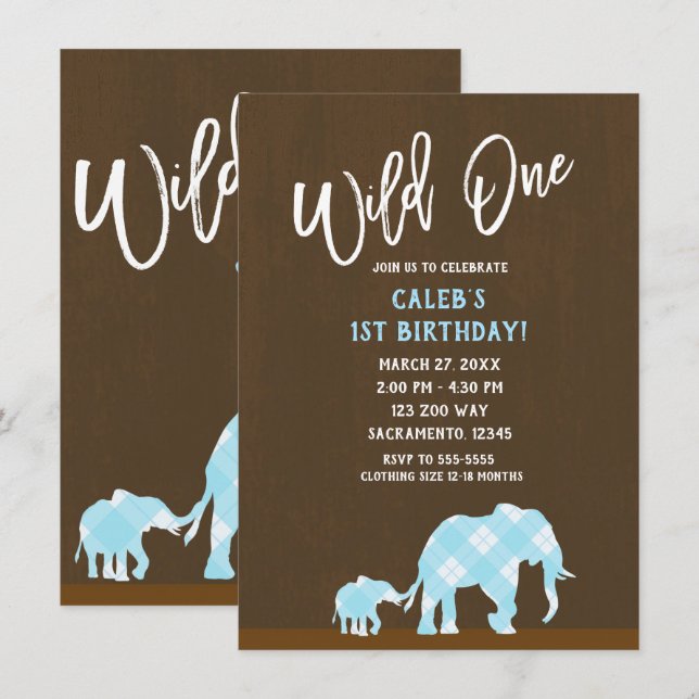 Invitación Elefantes Azules Marrón Moderno WILD ONE Cumpleaño (Anverso / Reverso)