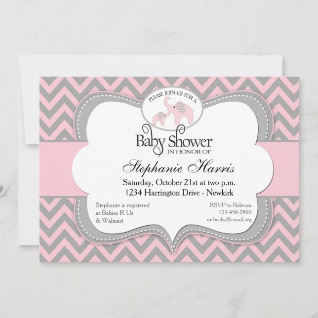Invitación Elefantes Baby Shower en el rosa de Chevron (Anverso)