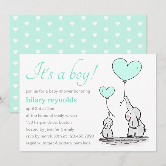 Invitación Elefantes | Baby Shower Mint Green Heart Balloons (Anverso / Reverso)