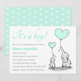 Invitación Elefantes | Baby Shower Mint Green Heart Balloons