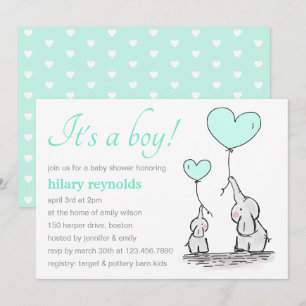 Invitación Elefantes   Baby Shower Mint Green Heart Balloons