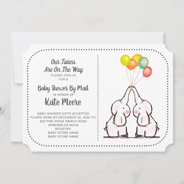 Invitación Elefantes Baby Shower por correo | Gemelos (Anverso)