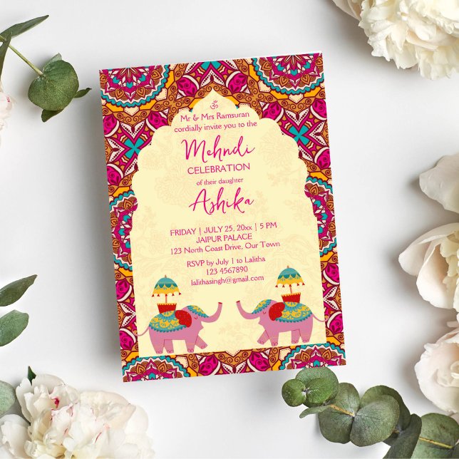 Invitación elefantes bodas indios de juguete rosado mehndi (Subido por el creador)