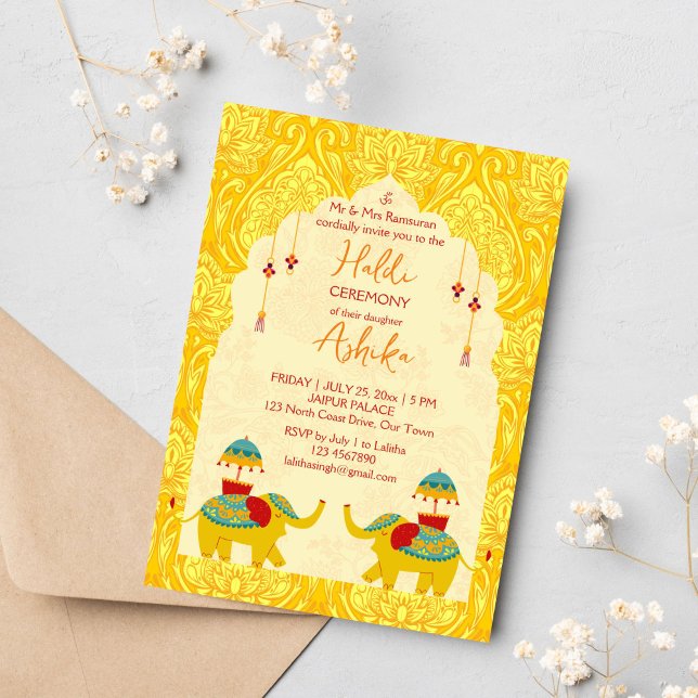 Invitación elefantes bodas indios elefantes amarillos haldi (Subido por el creador)