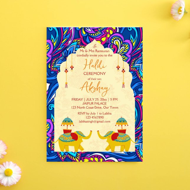 Invitación elefantes bodas indios juguetones haldi amarillo a (Haldi Invitation Indian wedding elephants oriental blue pattern background Instant download)