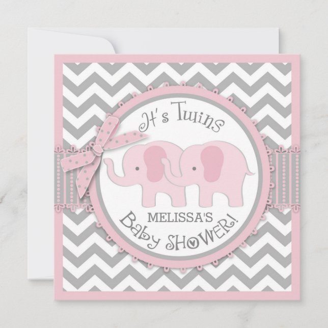 Invitación Elefantes Chicas gemelos Chevron Imprimir Baby Sho (Anverso)