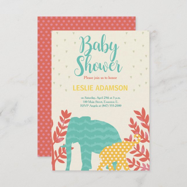 Invitación elefantes coloridos invitan a la ducha de bebé (Anverso / Reverso)