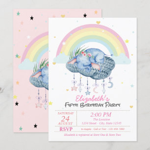 Invitación Elefantes Cute Stars Rainbow Cumpleaños