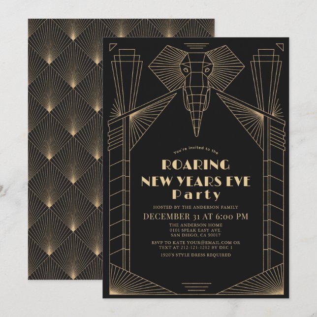 Invitación Elefantes de Gatsby de Art Deco de 1920 (Anverso / Reverso)