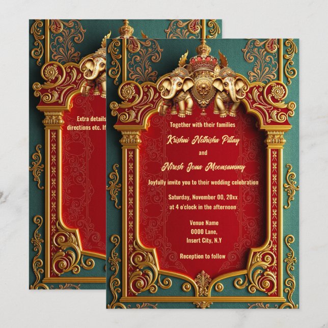 Invitación elefantes de la India boda real verde azulado de o (Anverso / Reverso)