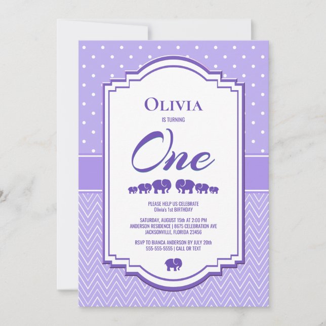 Invitación Elefantes de Lavender Fiesta del primer cumpleaños (Anverso)