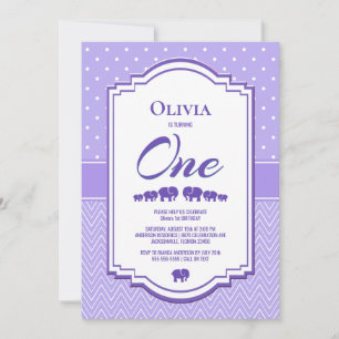 Invitación Elefantes de Lavender Fiesta del primer cumpleaños