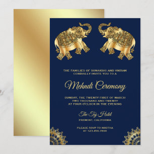 Invitación Elefantes de Oro Azul Ceremonia Henna Mehndi India