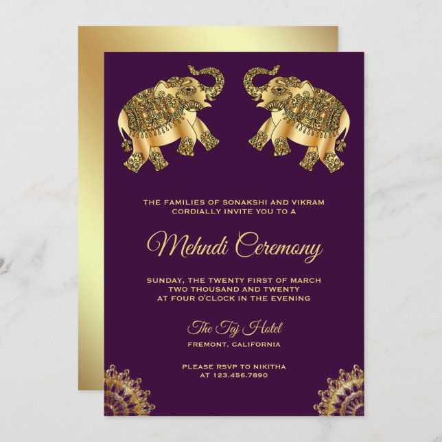 Invitación Elefantes de oro morado Ceremonia india Henna Mehn (Anverso / Reverso)