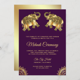 Invitación Elefantes de oro morado Ceremonia india Henna Mehn