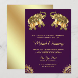 Invitación Elefantes de oro púrpura Ceremonia india de Henna 
