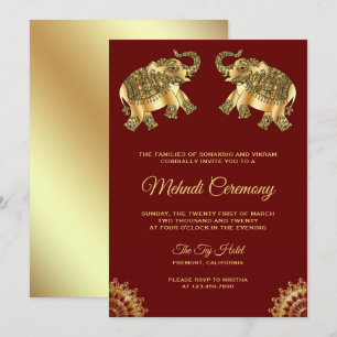 Invitación Elefantes de oro rojo Ceremonia india de henna Meh
