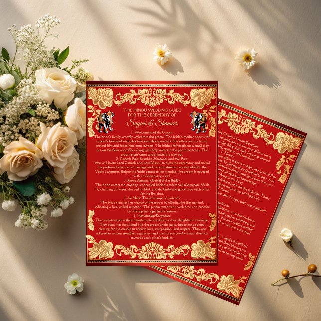 Invitación Elefantes de oro rojo rituales de bodas indias pro (Red gold elephants Indian wedding rituals program editable template instant download)