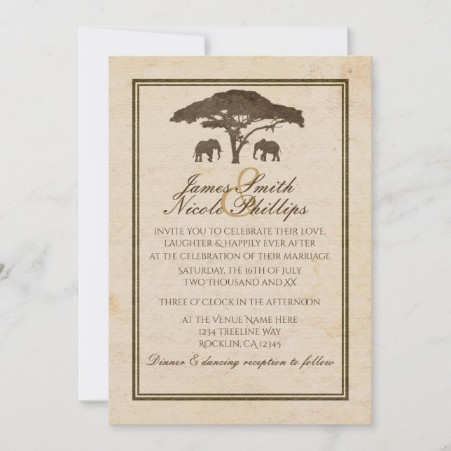 Invitación Elefantes de Safari Africano y Boda de Vintage de  (Anverso)