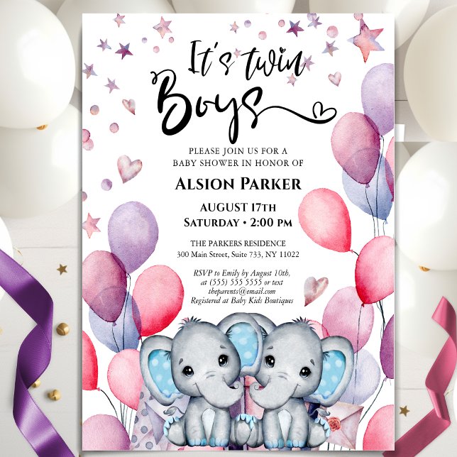 Invitación Elefantes elefantes azules gemelos Baby Shower (Subido por el creador)