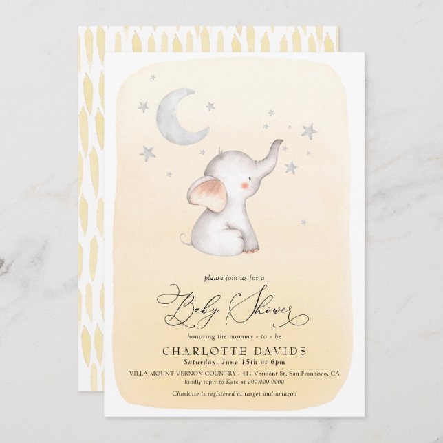 Invitación Elefantes Estrellas Luna Baby Shower Neutral Amari (Anverso / Reverso)