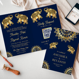 Invitación Elefantes étnicos de oro azul Boda de código QR in