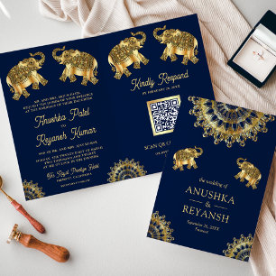 Invitación Elefantes étnicos de oro azul Boda de código QR in