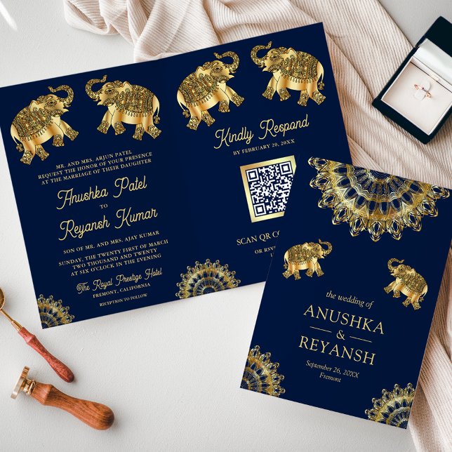 Invitación Elefantes étnicos de oro azul Boda de código QR in (Subido por el creador)