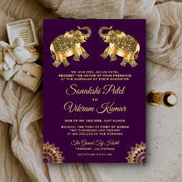 Invitación Elefantes étnicos de oro morado invitan a la boda 