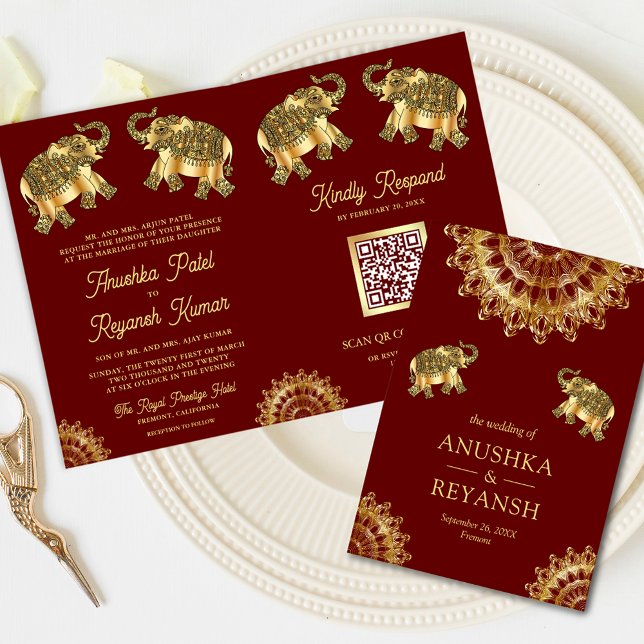 Invitación Elefantes étnicos de oro rojo Boda del código QR i (Subido por el creador)