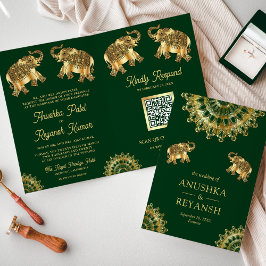 Invitación Elefantes étnicos de oro verde Boda de código QR i