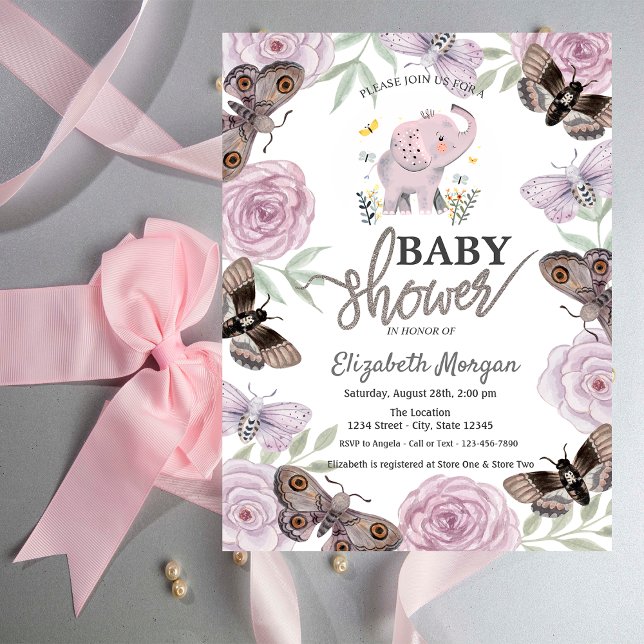 Invitación Elefantes Flores Mariposas Baby Shower Rosa (Subido por el creador)