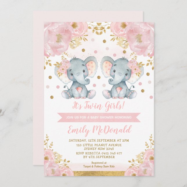 Invitación Elefantes gemelos Chicas Baby Shower Floral de oro (Anverso / Reverso)