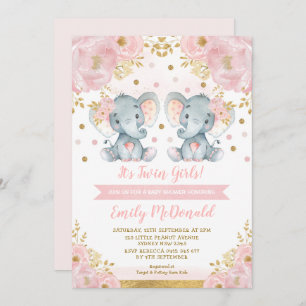 Invitación Elefantes gemelos Chicas Baby Shower Floral de oro