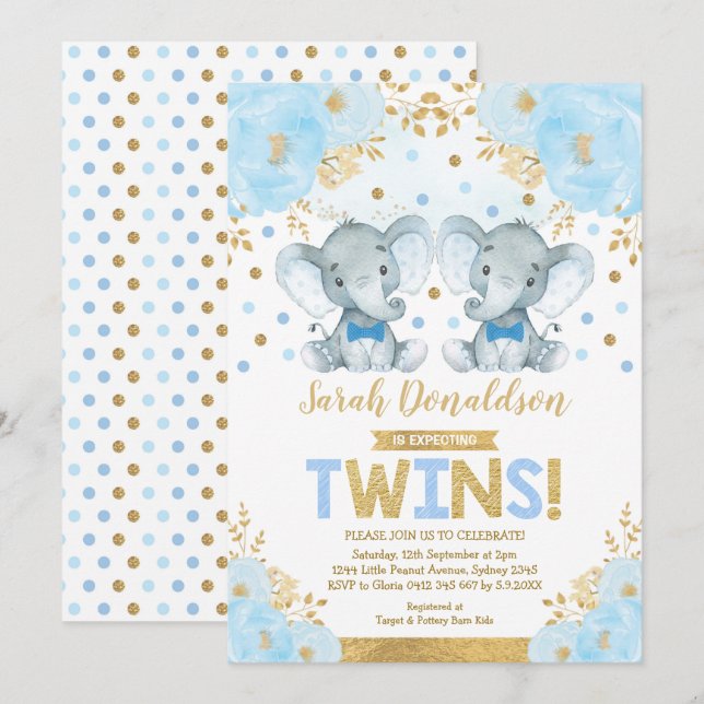 Invitación Elefantes gemelos Niños Pequeños Caballeros Baby S (Anverso / Reverso)