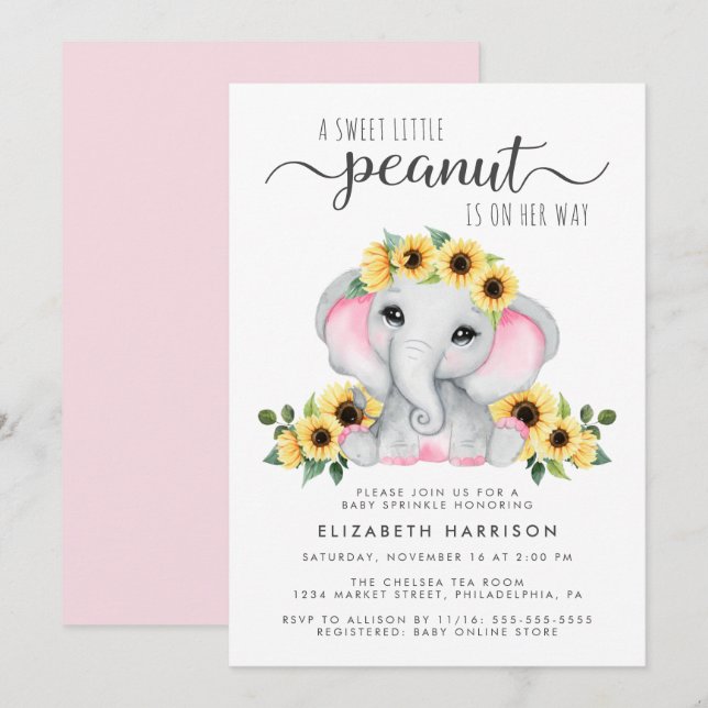 Invitación Elefantes girasoles color de agua rosada Baby Spri (Anverso / Reverso)