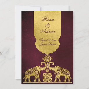 Invitación Elefantes granate y dorados boda de lujo india 