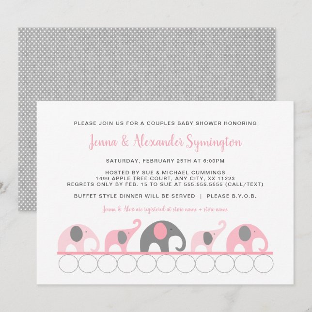 Invitación Elefantes Gris Rosados Parejas chica Baby Shower (Anverso / Reverso)