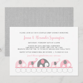Invitación Elefantes Gris Rosados Parejas chica Baby Shower
