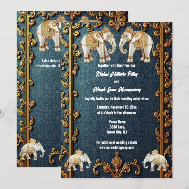 Invitación elefantes indios azul marino paisajes de lujo hind (Anverso / Reverso)