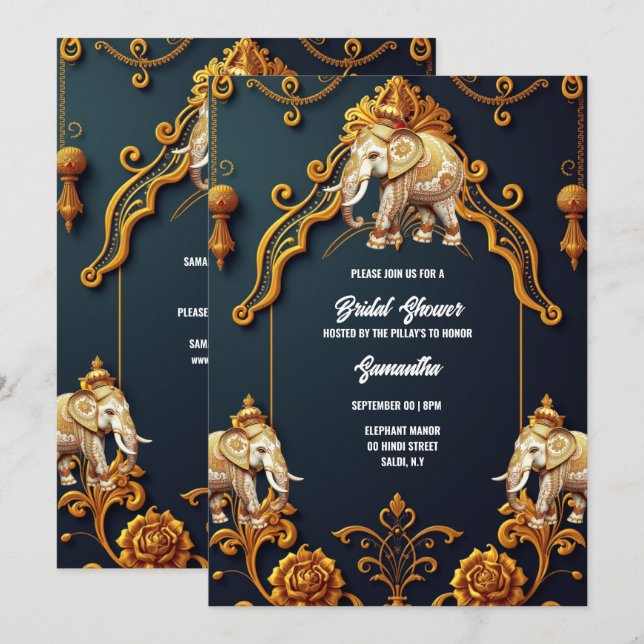 Invitación elefantes indios de la marina oro real decoración  (Anverso / Reverso)