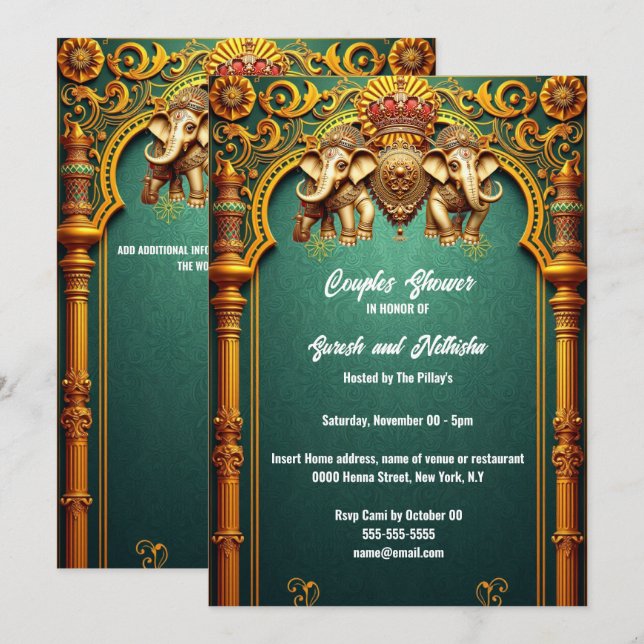 Invitación elefantes indios parejas de oro verde azulado (Anverso / Reverso)