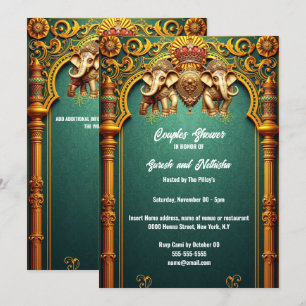 Invitación elefantes indios parejas de oro verde azulado
