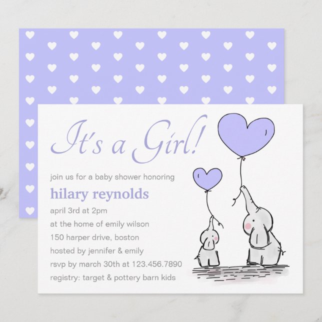 Invitación Elefantes | Lilac Heart Balloons Baby Shower (Anverso / Reverso)