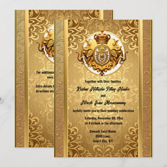 Invitación elefantes negros de oro boda indio damasco elegant (Anverso / Reverso)